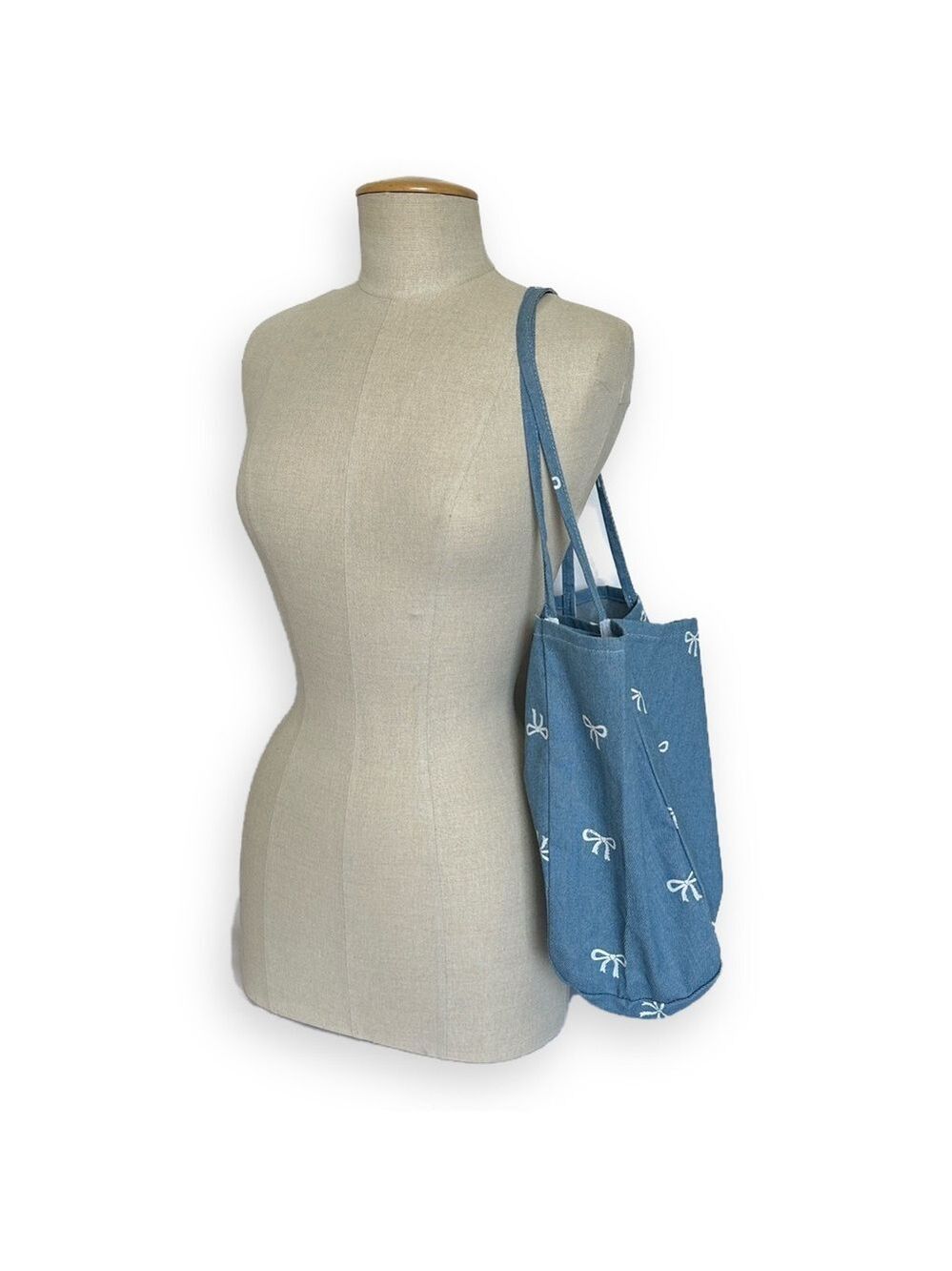 DENIM LARGE BOW TOTE | NEW Denim Blue & White Bow Tote Bag - Picture 3 of 7